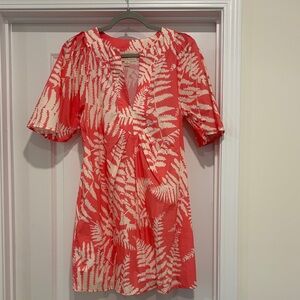 Coral and Cream Fern-Print Short Dress